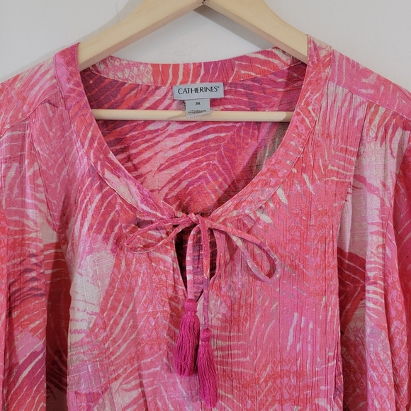 Catherine Women's Red Leaf Prints Blouse Sz 3X Tassle 3/4 Sleeve Boho Minimalist - Picture 3 of 12